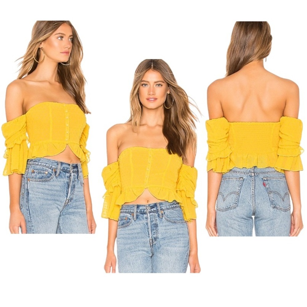 Majorelle Revolve Karolina Yellow Swiss Dot Off The Shoulder Crop Top‎ Large